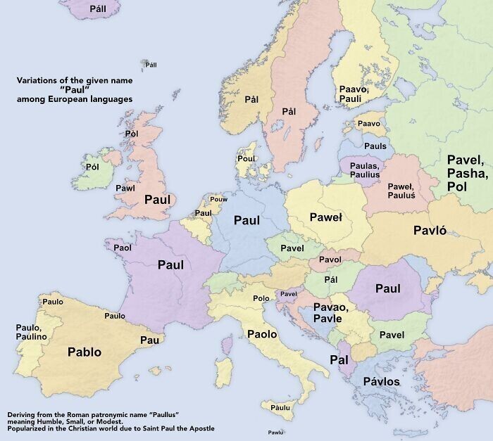 16. Вариации имени "Павел" в странах Европы