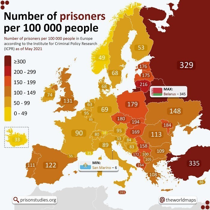 23. Количество заключенных на 100 000 человек в европейских странах