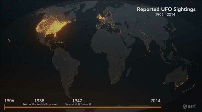 8. Карта сообщений об НЛО, зарегистрированных за последние 115 лет