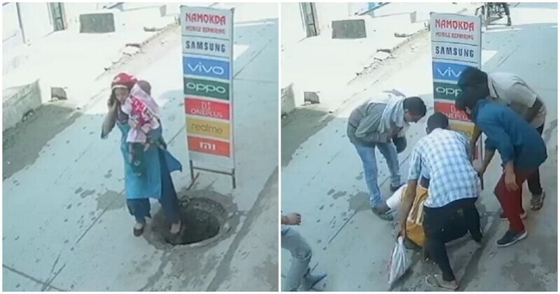 В Индии женщина провалилась в канализационный люк вместе с ребёнком