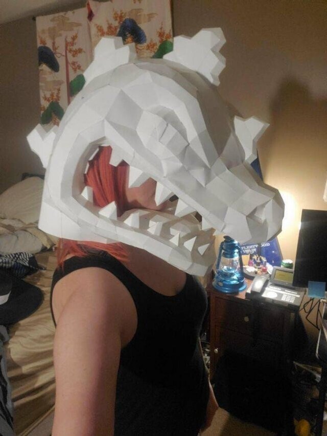 "Моя подружка сделала себе голову динозавра из использованной бумаги"