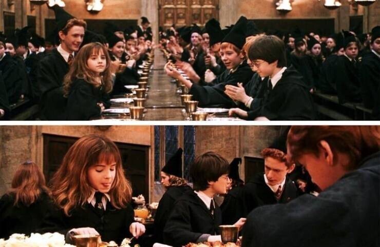 После того, как Гарри Поттера распределили в Гриффиндор, он садится рядом с Роном. Но в следующем кадре мы видим, что он сидит рядом с Гермионой на другой стороне стола