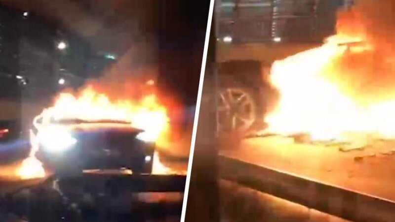 «Tesla» врезалась в фонарный столб в Новой Москве и сгорела