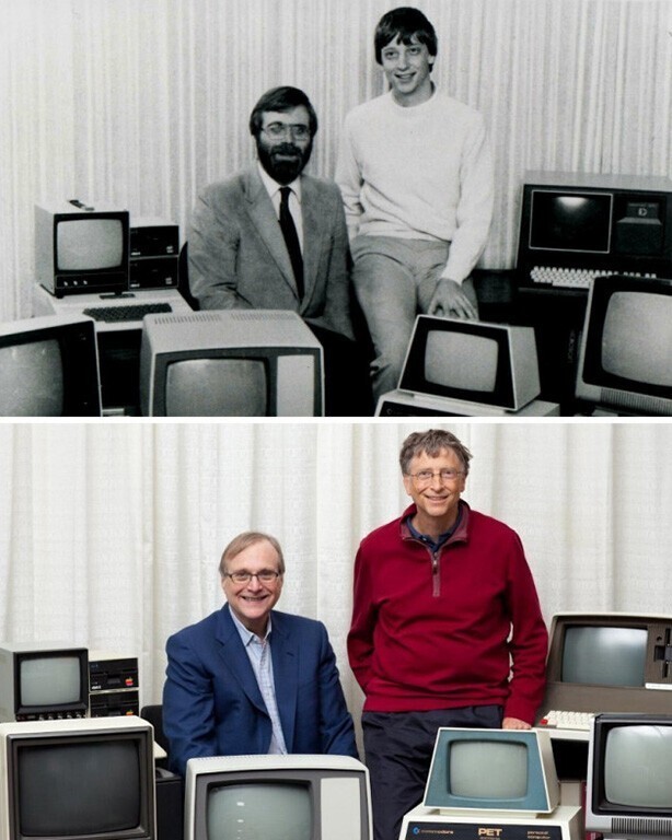 Билл Гейтс и Пол Аллен после подписания контракта с IBM на программное обеспечение для IBM PC, 19 октября 1981 г. и спустя 32 года