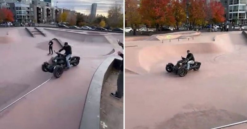 Мужчина прокатился на трехколесном мотоцикле в скейт-парке и повеселил очевидцев