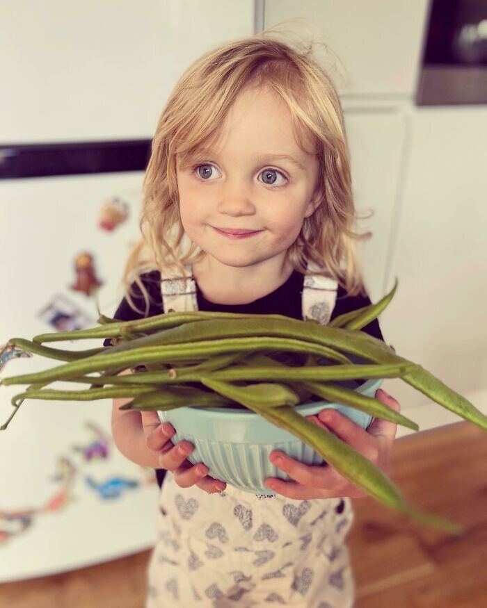 22. "Моя трехлетняя дочь светится от гордости за свой первый урожай фасоли, которую она помогла посадить и вырастить"