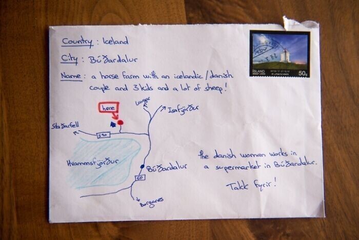 2. Туристка из Дании отправила письмо друзьям в Исландию, нарисовав на конверте карту и указав адрес "Исландия, Búðardalur, лошадиная ферма, на которой живут двое взрослых, трое детей и куча овец"