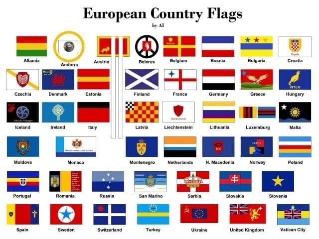 ИИ нарисовал новые флаги для европейских государств.ИИ поймал кучу новостей на тему коммунистических символов, а также "краина це Європа", получилось... Сами смотрите 
