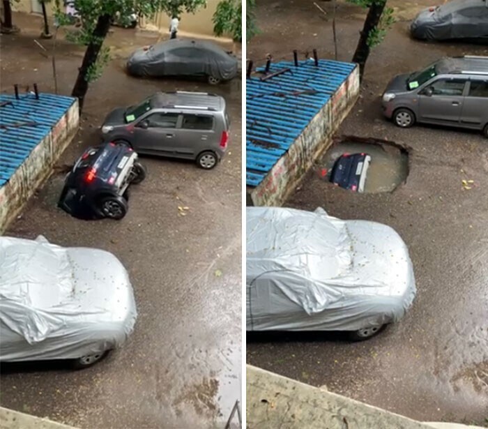 В сезон дождей в Мумбаи на стоянке произошел провал грунта. Это надо же было так точно поставить машину!