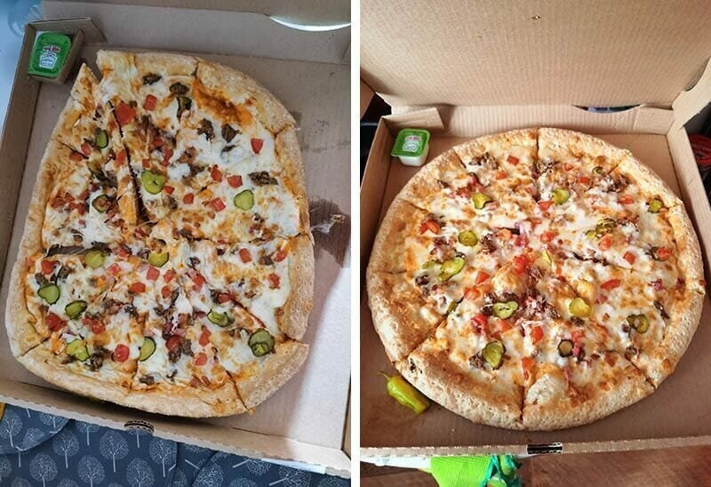 1. «Привезли сильно помятую пиццу. Написали им об этом отзыв и они подарили правильную пиццу в качестве извинений!»