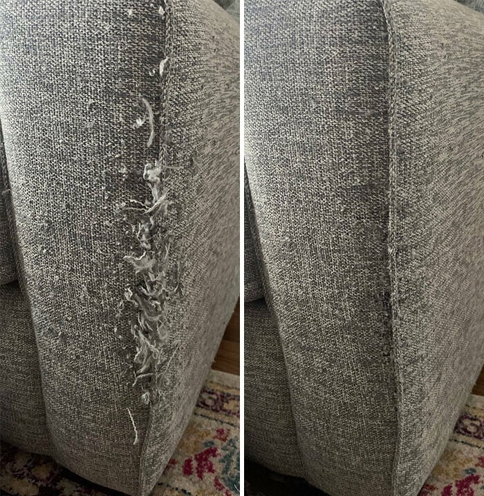 Устранение кошачьих царапок на диване с помощью иглы для валяния: до и после