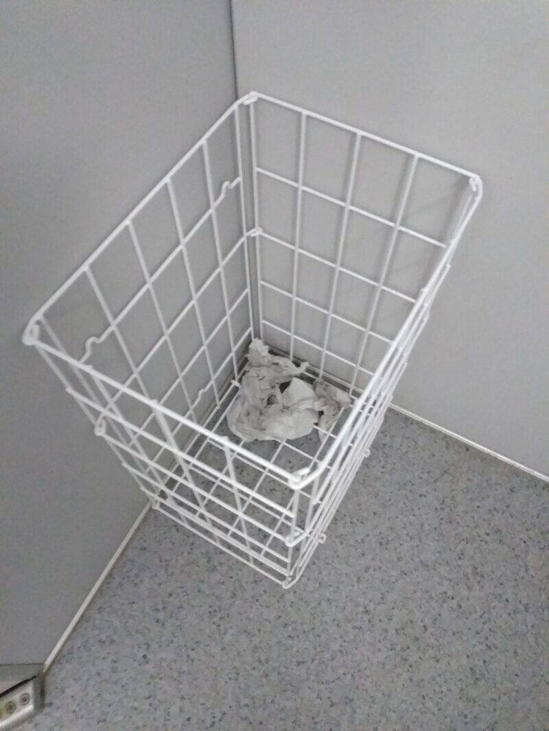 Такие корзины для использованной туалетной бумаги установлены в туалетах электричек РЖД