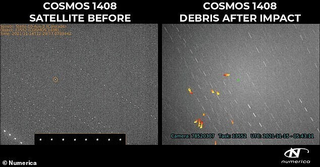 Спутник "Космос-1408" до столкновения и обломки от него после