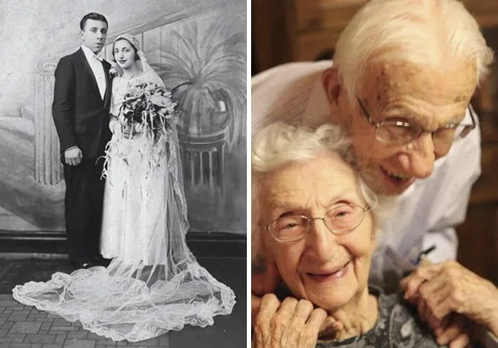 Слева - пара в день свадьбы. Справа они отмечают 81-ю годовщину создания своей семьи