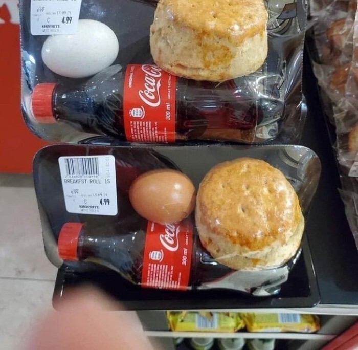 10. Сбалансированный завтрак из булочки, яйца и бутылки колы