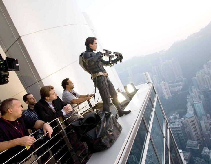 Кристиан Бейл на съемках фильма «Темный рыцарь», 2008 год