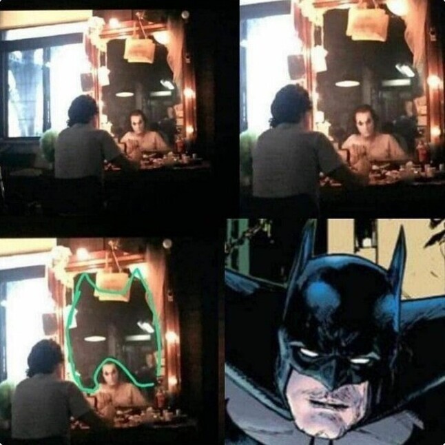 4. В "Джокере" (2019), когда персонаж Хоакина Феникса смотрит в зеркало, там же можно увидеть случайно получившийся образ его заклятого врага Бэтмена