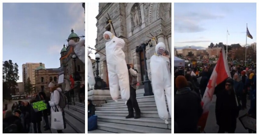 В Канаде протестующие против ковид-ограничений повесили муляжи с фото ведущих политиков