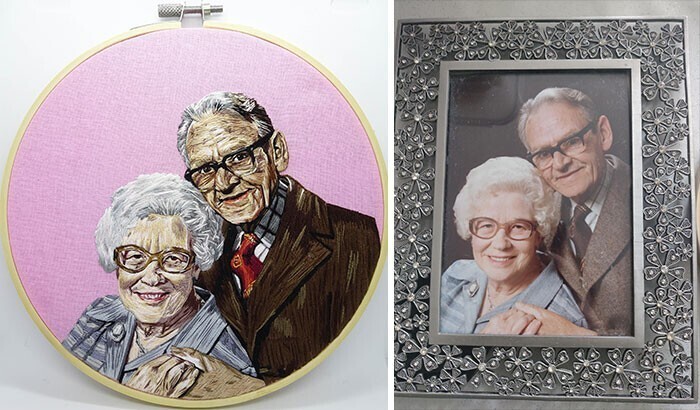 "Сделала вышивку по фото в подарок прабабушке и прадедушке"