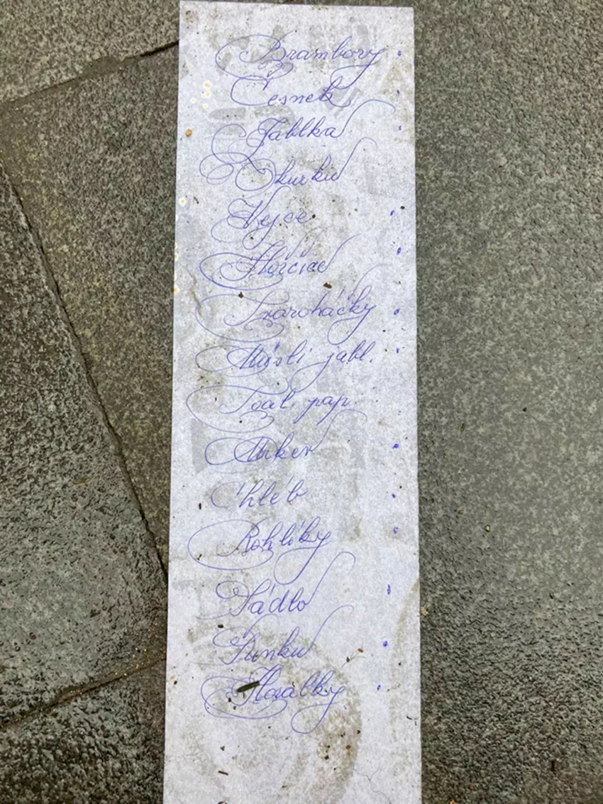 Список покупок, найденный на улице в Праге