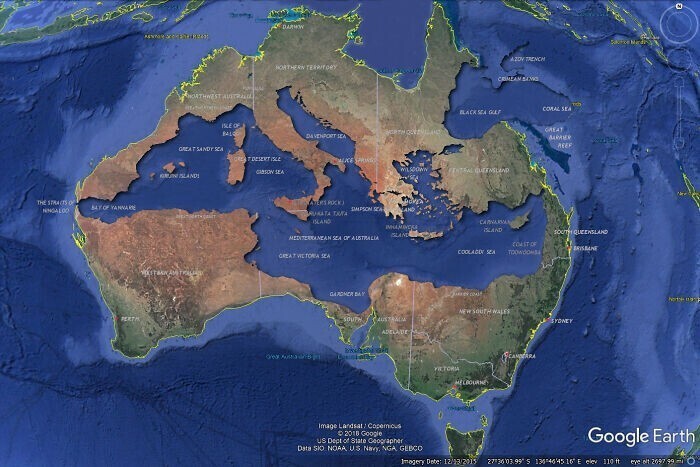 8. Сравнительная карта размеров Австралии и Средиземноморья