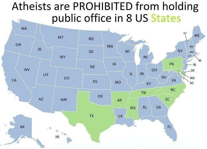 7. Карта штатов США, в которых атеистам запрещено занимать государственные должности (обозначены зеленым цветом)