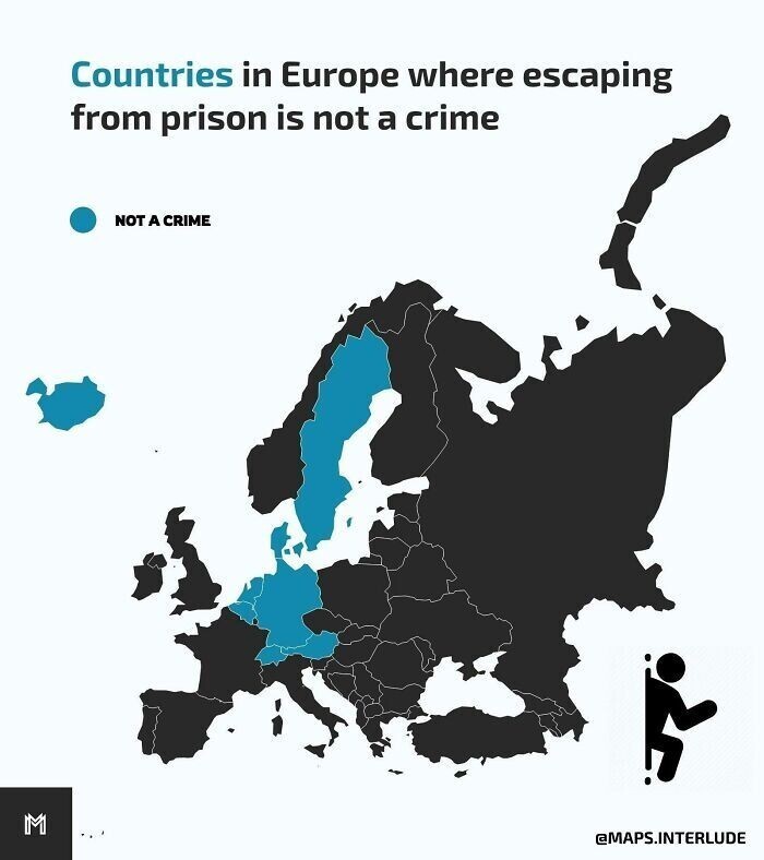 14. Страны Европы, в которых побег из тюрьмы не является преступлением и в случае поимки за него не добавляют срок