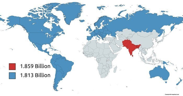 29. Население Южной Азии больше, чем в Северной Америке, Южной Америке, Европе и Океании вместе взятых