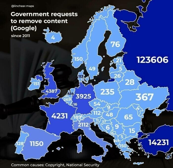 22. Карта Европы. Правительственные запросы в Google с требованием удалить определенный контент
