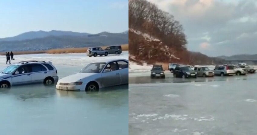 "Сейчас подмерзнет - никто не выедет": в Приморье десяток машин провалился под лед, пока их хозяева рыбачили