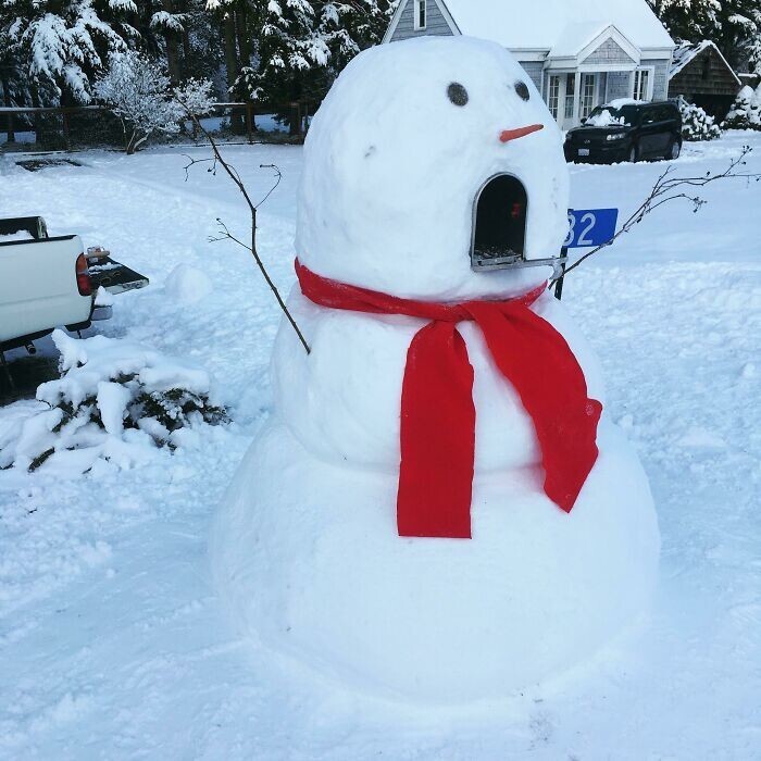 6. "Жена сделала снеговика с почтовым ящиком, пока я был на работе"