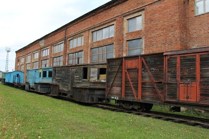 Грузовые и служебные вагоны Алапаевской узкоколейной железной дороги в депо Алапаевска
