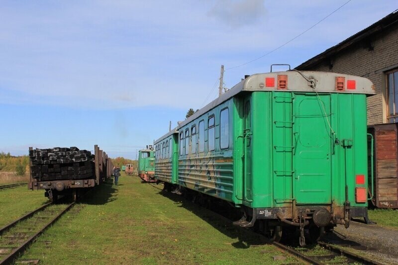 Грузовые и пассажирские вагоны возле депо станции Санкино Алапаевской узкоколейной железной дороги