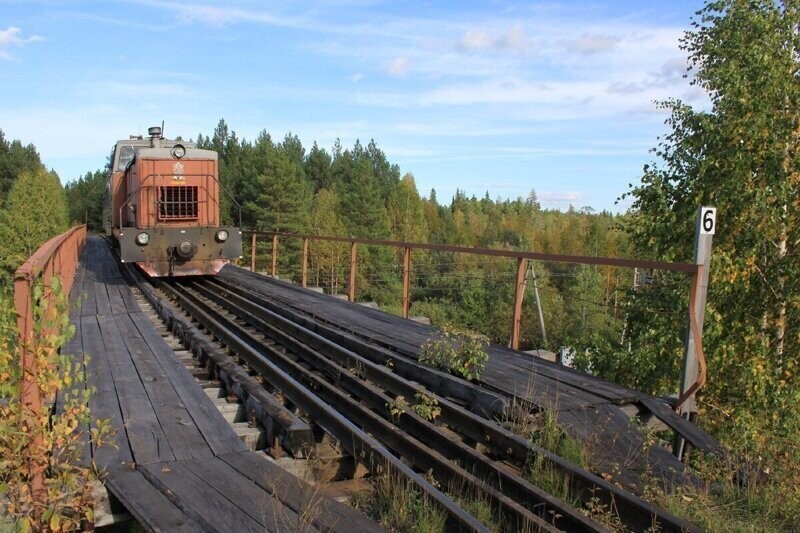 Пассажирский поезд АУЖД следует по путепроводу над линией широкой колеи