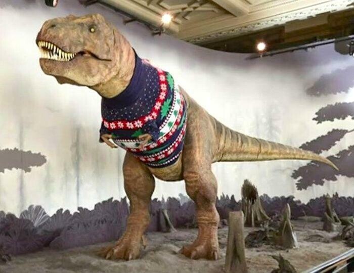 13. "Мы в Лондонском музее естествознания решили немного приодеть тираннозавра в честь праздника"
