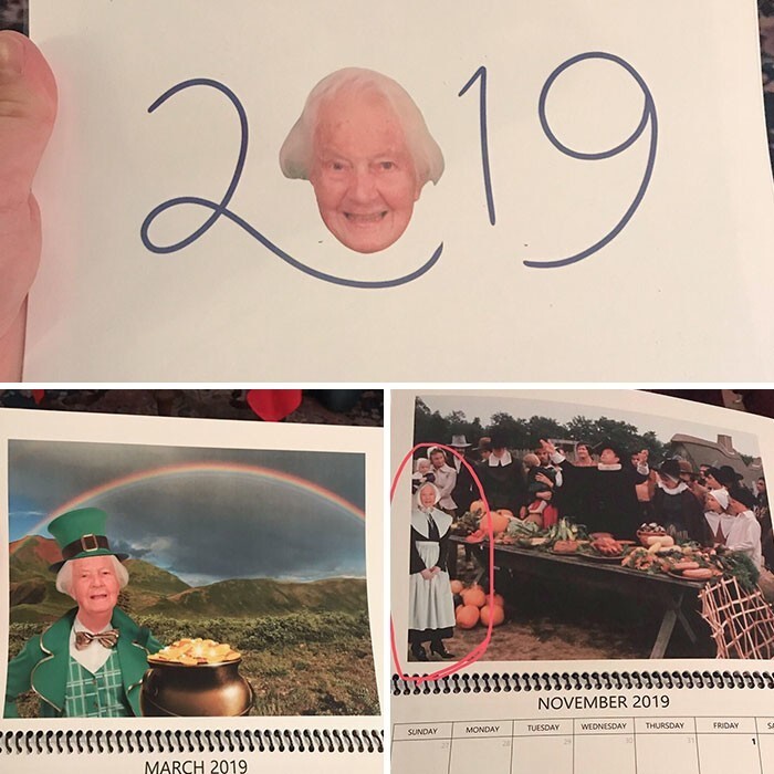 2. "В этом году моя 97-летняя бабуля подарила нам календарь, в котором прифотошопила себя на картинки к каждому месяцу"
