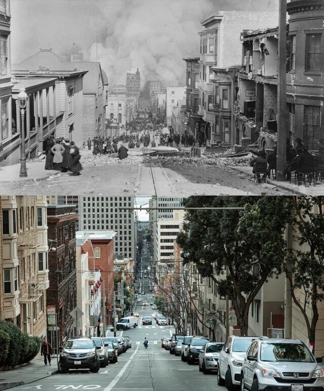 Сакраменто-стрит, Сан-Франциско, США, 1906 и 2016 гг.