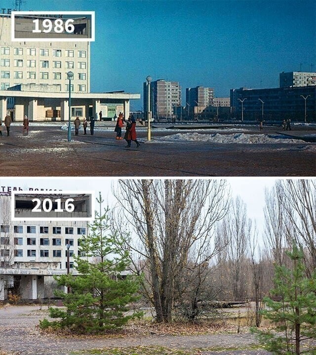 Припять, Украина, 1986 и 2016 гг.