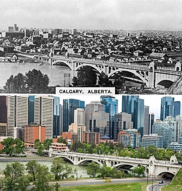 Мост Сентр-Стрит-Бридж в Калгари, Канада, 1920 и 2018 гг.
