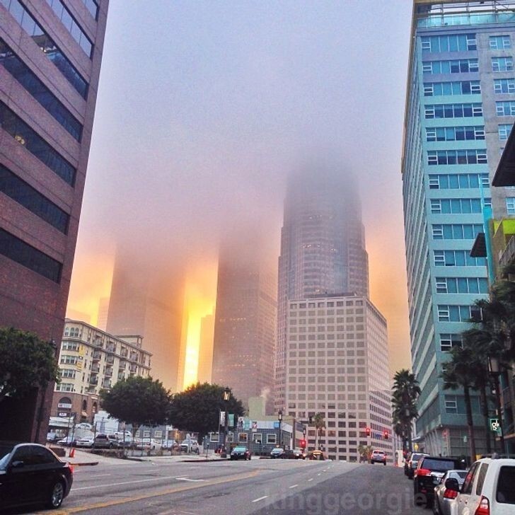 2. Из-за сильного тумана закат выглядит так, как будто город горит