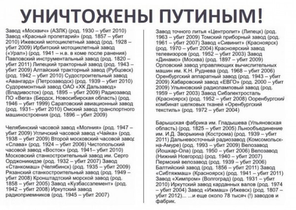 В сети гуляет список «заводов, убитых Путиным». Мне его настолько часто показывают, что я с ним детально ознакомился. Результаты выкладываю в этом посте.