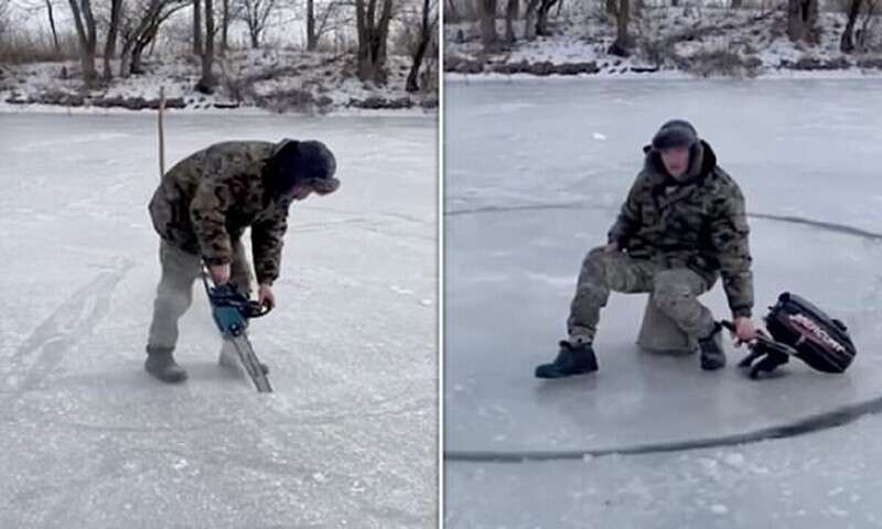 Рыбак из Ленинска показал, как сделать ледяную карусель