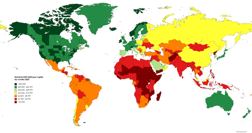 Номинальный ВВП по странам и регионам на душу населения в 2021 г.
