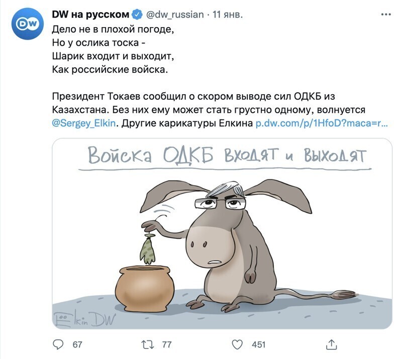 Немецкая Deutsche Welle изобразила президента Казахстана Токаева ослом
