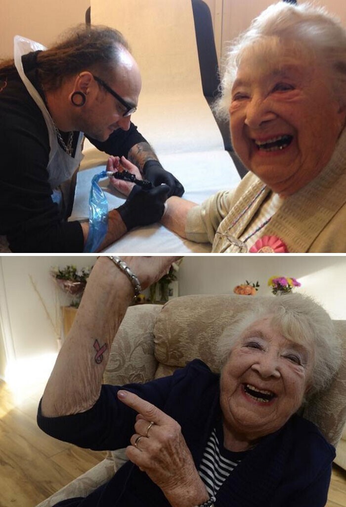 2. "Бабуля делает тату на свое 90-летие и в честь победы над раком"