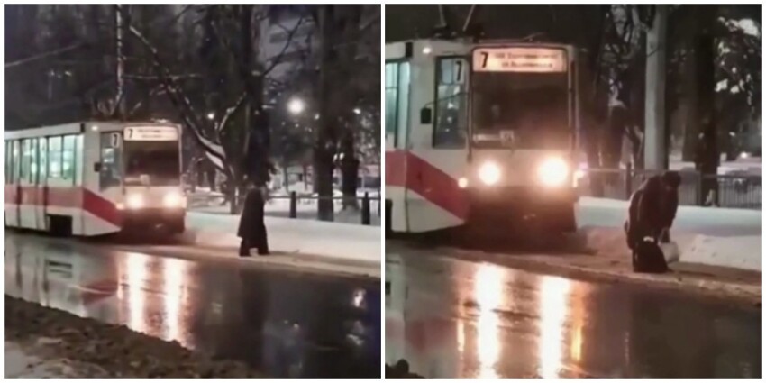 В Саратове пенсионерка невозмутимо шла по рельсам, не пропуская трамвай