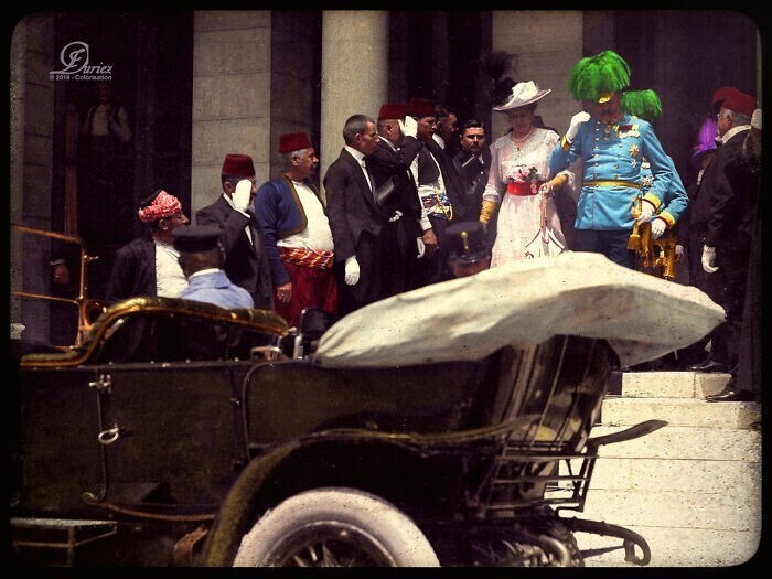 35. Эрцгерцог Франц Фердинанд и его жена за несколько минут до убийства, приведшее к Первой мировой войне, 1914 год (колоризация)