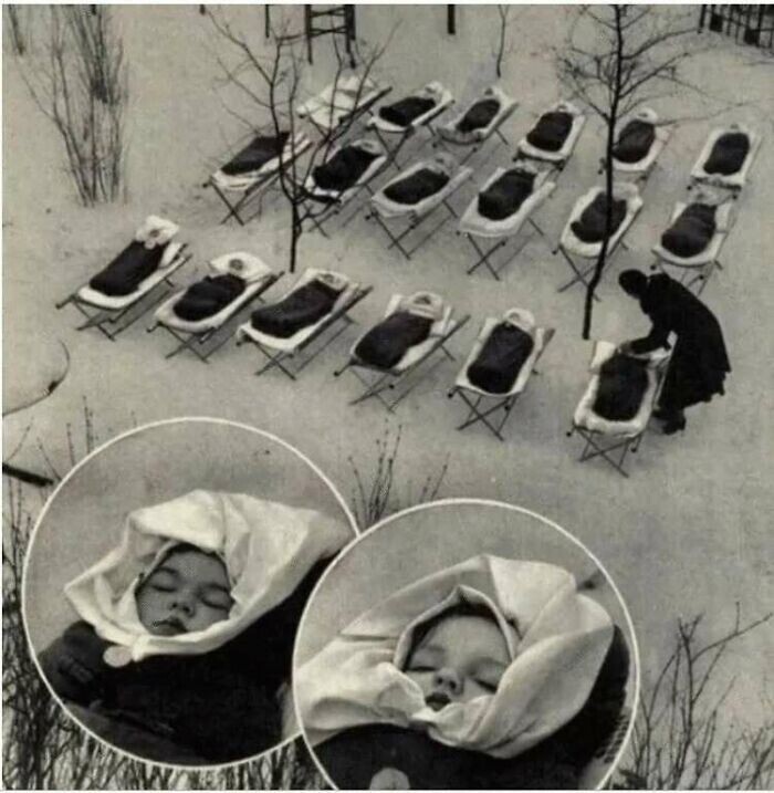 34. Младенцы в яслях, оставленные спать на улице для укрепления иммунной системы, Москва, 1958 г.