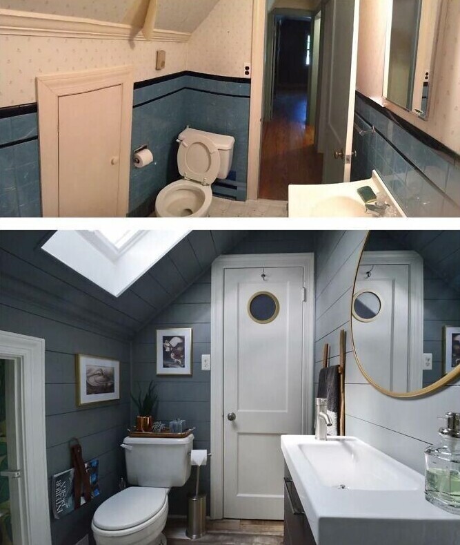 18. "До и после ремонта в небольшой ванной комнате"