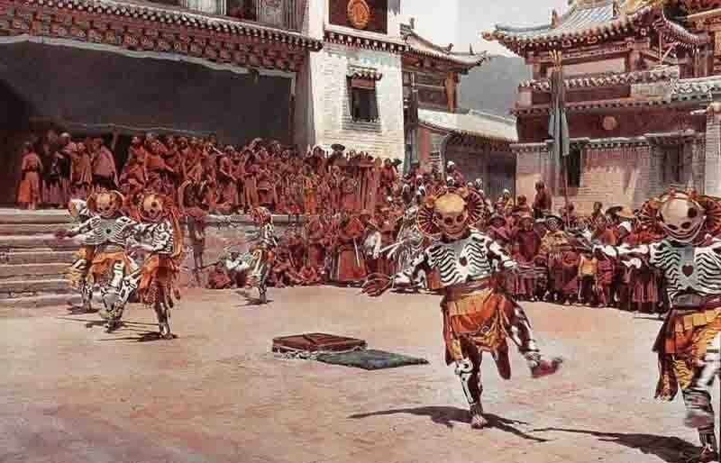 Тибетские танцоры-скелеты (буддийская традиция), автохром Джозефа Рока, 1925 год